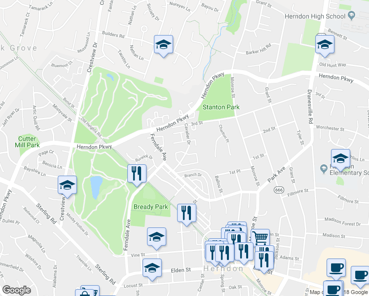 map of restaurants, bars, coffee shops, grocery stores, and more near 1004 Saber Lane in Herndon