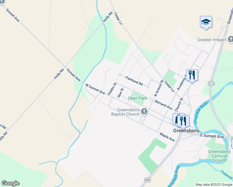map of restaurants, bars, coffee shops, grocery stores, and more near 101 Roe Street in Greensboro