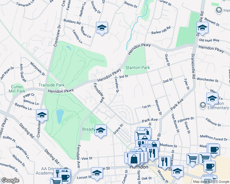 map of restaurants, bars, coffee shops, grocery stores, and more near 1004 Saber Lane in Herndon