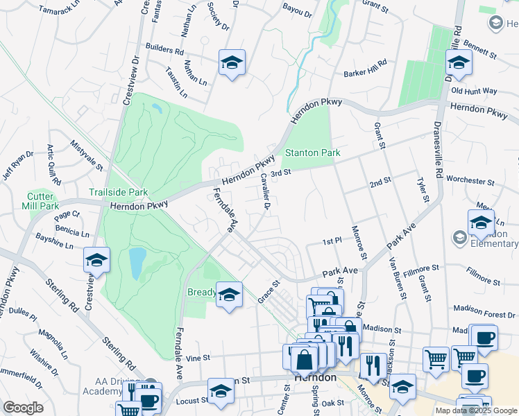 map of restaurants, bars, coffee shops, grocery stores, and more near 1006 Saber Lane in Herndon