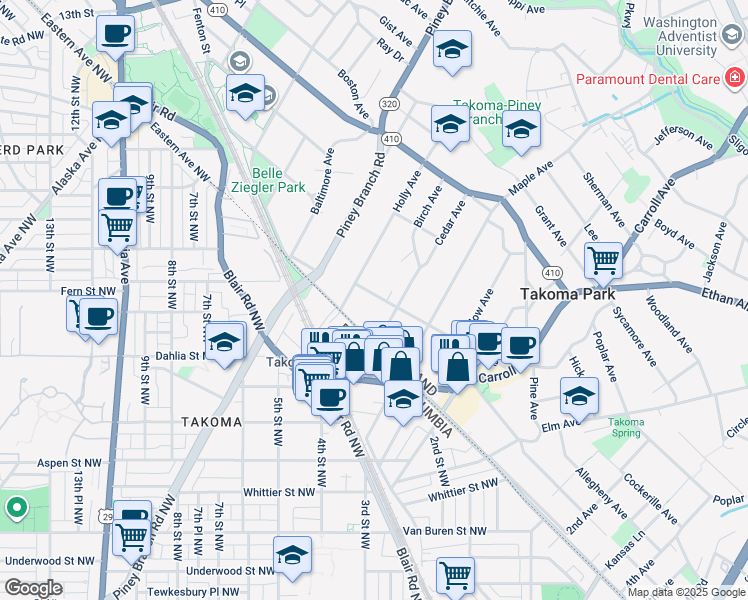 map of restaurants, bars, coffee shops, grocery stores, and more near 105 Tulip Avenue in Takoma Park
