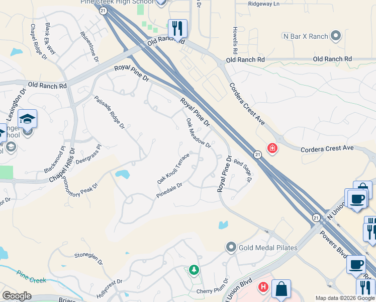 map of restaurants, bars, coffee shops, grocery stores, and more near 10181 Oak Knoll Terrace in Colorado Springs