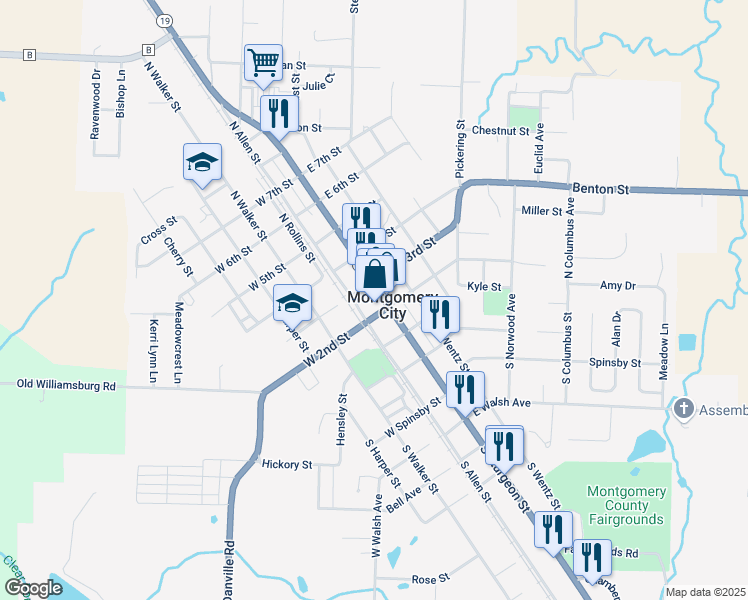 map of restaurants, bars, coffee shops, grocery stores, and more near 115 West 2nd Street in Montgomery City