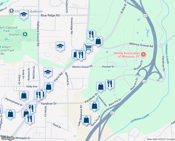 map of restaurants, bars, coffee shops, grocery stores, and more near 2910 Mexico Gravel Road in Columbia