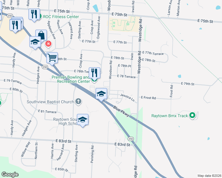 map of restaurants, bars, coffee shops, grocery stores, and more near 11601 80th Drive in Raytown