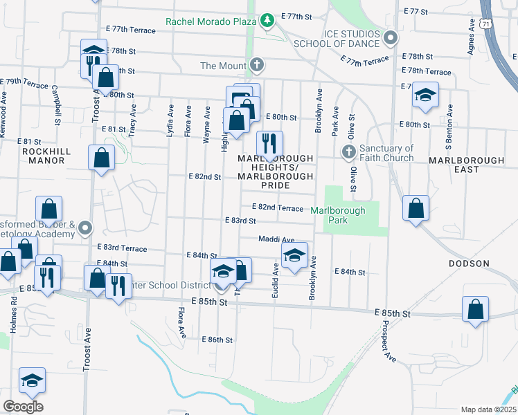 map of restaurants, bars, coffee shops, grocery stores, and more near 1825 East 82 Terrace in Kansas City