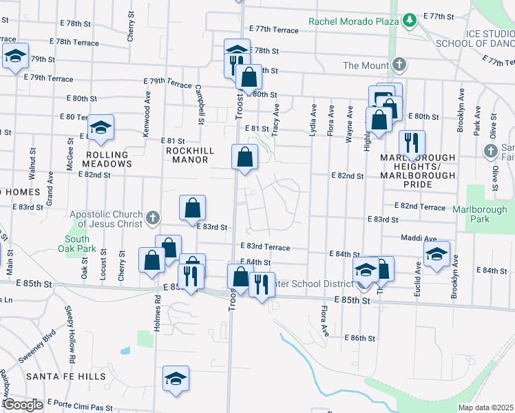 map of restaurants, bars, coffee shops, grocery stores, and more near 8242 Tracy Avenue in Kansas City