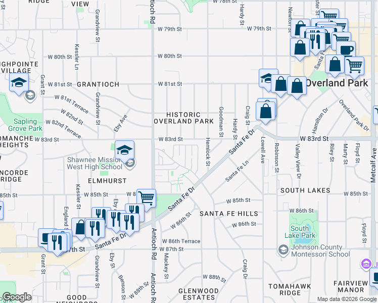 map of restaurants, bars, coffee shops, grocery stores, and more near 8324 Hadley Street in Overland Park