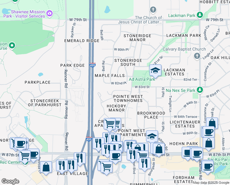 map of restaurants, bars, coffee shops, grocery stores, and more near 16103 West 83rd Terrace in Lenexa