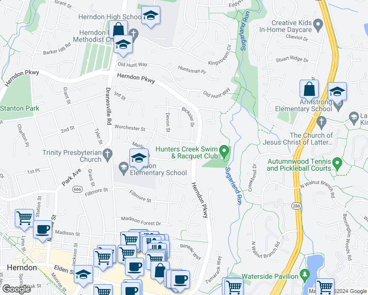 map of restaurants, bars, coffee shops, grocery stores, and more near 503 Merlins Lane in Herndon