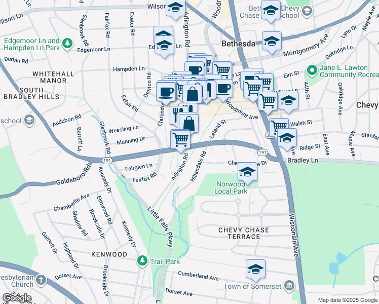 map of restaurants, bars, coffee shops, grocery stores, and more near 4972 Bradley Boulevard in Chevy Chase