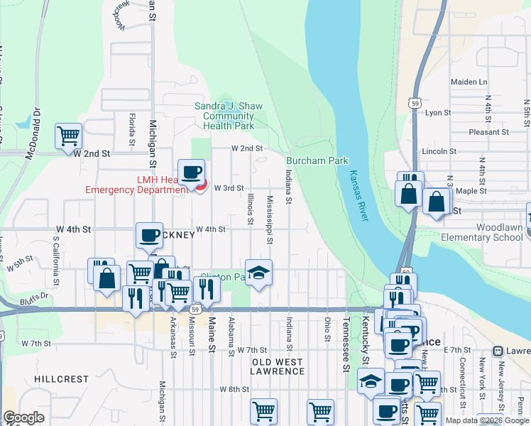 map of restaurants, bars, coffee shops, grocery stores, and more near 342 Mississippi St in Lawrence