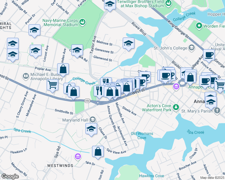 map of restaurants, bars, coffee shops, grocery stores, and more near 11 Jefferson Place in Annapolis