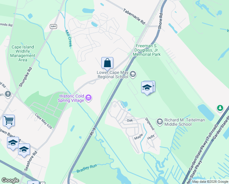 map of restaurants, bars, coffee shops, grocery stores, and more near 699 Shore Road in Cape May