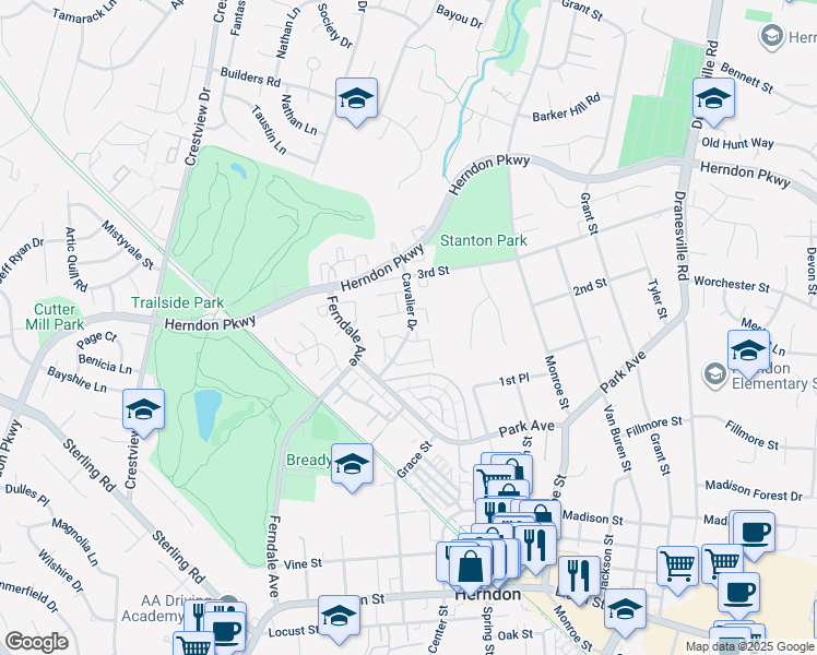 map of restaurants, bars, coffee shops, grocery stores, and more near 1000 Saber Lane in Herndon
