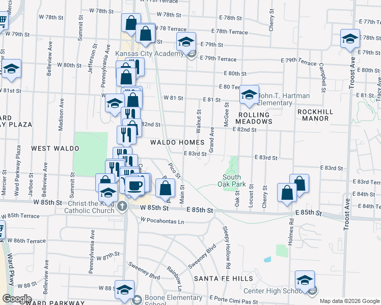 map of restaurants, bars, coffee shops, grocery stores, and more near 42 East 83rd Street in Kansas City