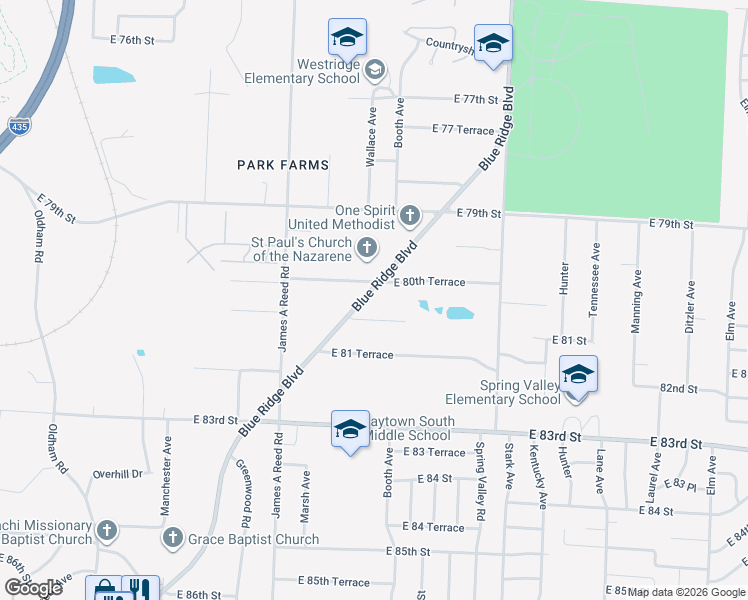 map of restaurants, bars, coffee shops, grocery stores, and more near 8021 Blue Ridge Boulevard in Raytown