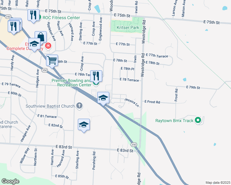 map of restaurants, bars, coffee shops, grocery stores, and more near 7734 East 79th Drive in Raytown