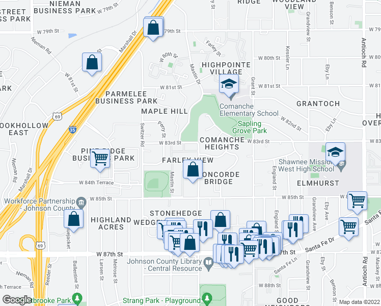 map of restaurants, bars, coffee shops, grocery stores, and more near 9915 West 83rd Terrace in Overland Park