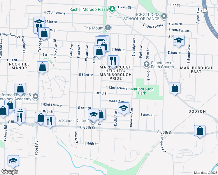 map of restaurants, bars, coffee shops, grocery stores, and more near 1825 East 82 Terrace in Kansas City