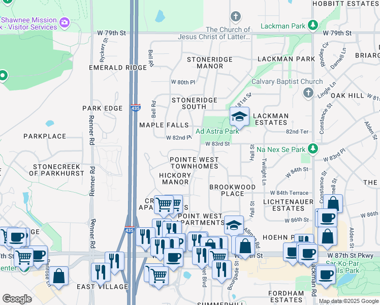 map of restaurants, bars, coffee shops, grocery stores, and more near 15931 West 83rd Terrace in Lenexa