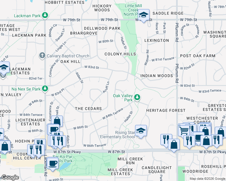 map of restaurants, bars, coffee shops, grocery stores, and more near 8325 Greenwood Circle in Lenexa