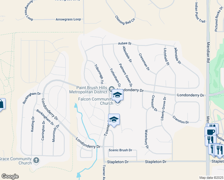 map of restaurants, bars, coffee shops, grocery stores, and more near 9985 Towner Avenue in Peyton
