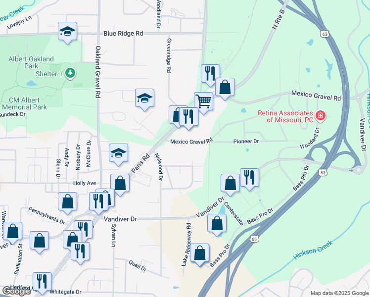 map of restaurants, bars, coffee shops, grocery stores, and more near 2812 Mexico Gravel Road in Columbia
