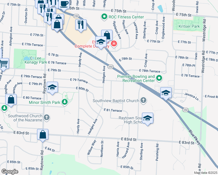 map of restaurants, bars, coffee shops, grocery stores, and more near 7908 Appleton Avenue in Raytown
