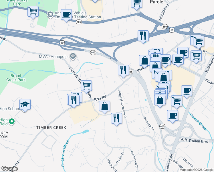 map of restaurants, bars, coffee shops, grocery stores, and more near 2572 Riva Road in Annapolis