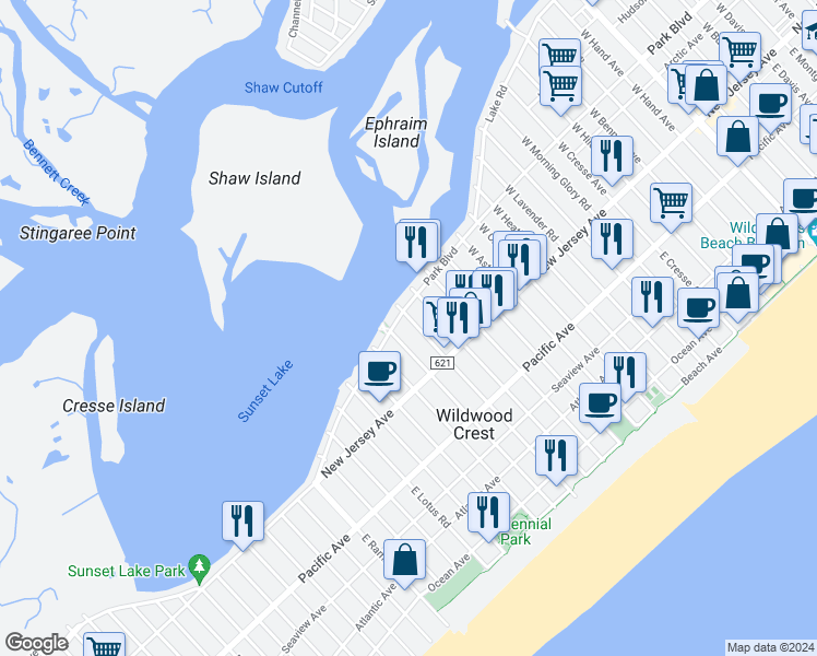 map of restaurants, bars, coffee shops, grocery stores, and more near 6409 Park Boulevard in Wildwood Crest