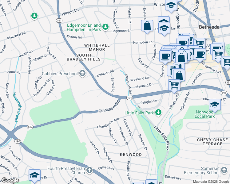 map of restaurants, bars, coffee shops, grocery stores, and more near 5305 Bradley Blvd in Bethesda