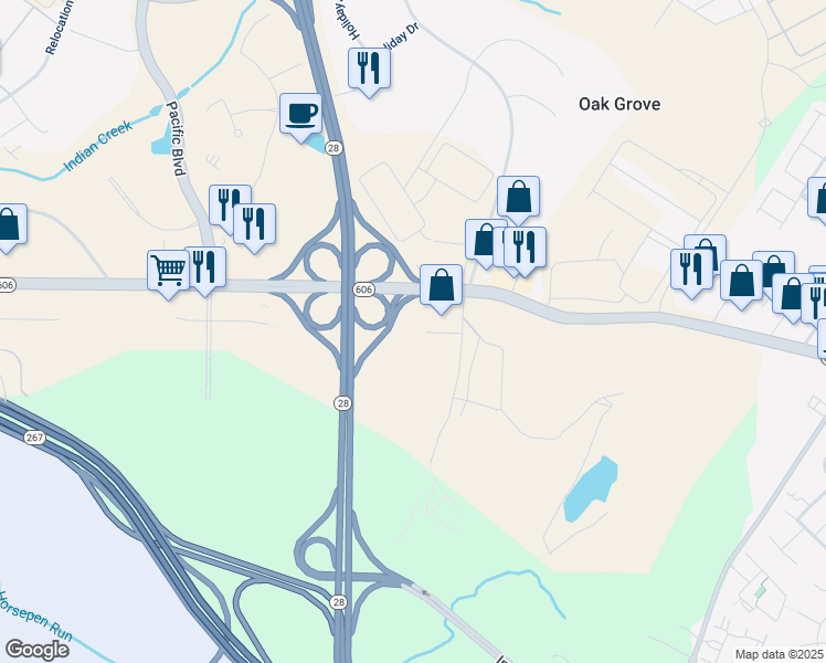 map of restaurants, bars, coffee shops, grocery stores, and more near 45520 Dulles Plaza in Sterling