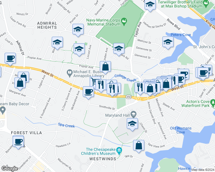 map of restaurants, bars, coffee shops, grocery stores, and more near 27 Woodlawn Avenue in Annapolis
