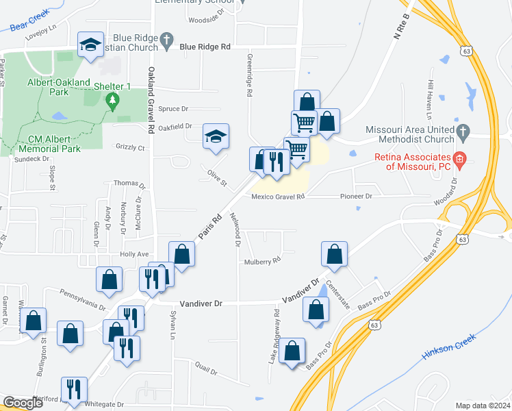 map of restaurants, bars, coffee shops, grocery stores, and more near 2800 Mexico Gravel Road in Columbia