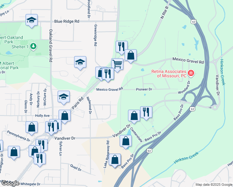 map of restaurants, bars, coffee shops, grocery stores, and more near 2910 Mexico Gravel Road in Columbia