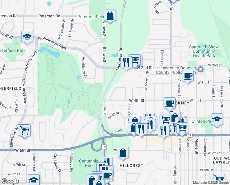 map of restaurants, bars, coffee shops, grocery stores, and more near 316 Northwood Lane in Lawrence