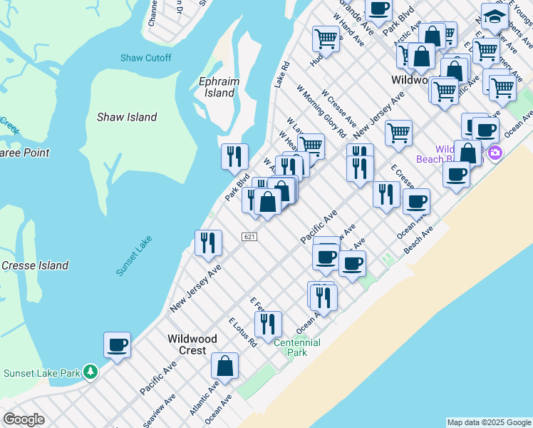 map of restaurants, bars, coffee shops, grocery stores, and more near 6200 New Jersey Avenue in Wildwood