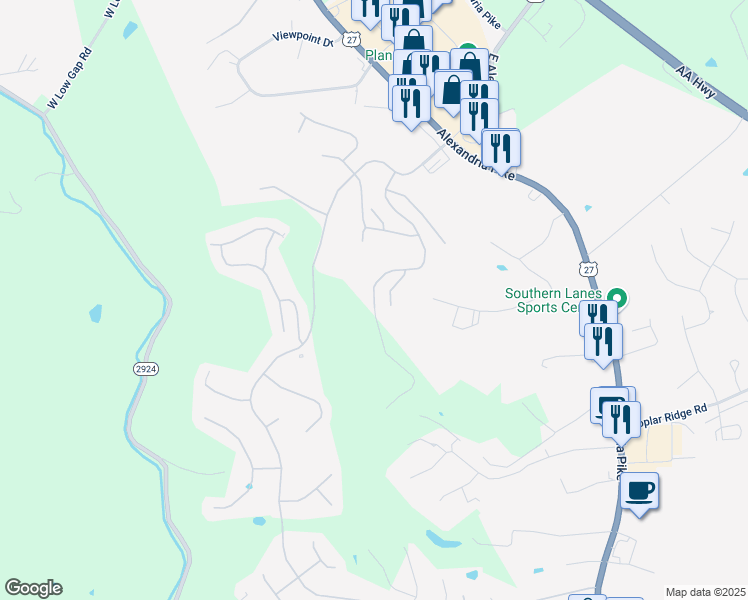 map of restaurants, bars, coffee shops, grocery stores, and more near 7601 Tartan Ridge Drive in Alexandria