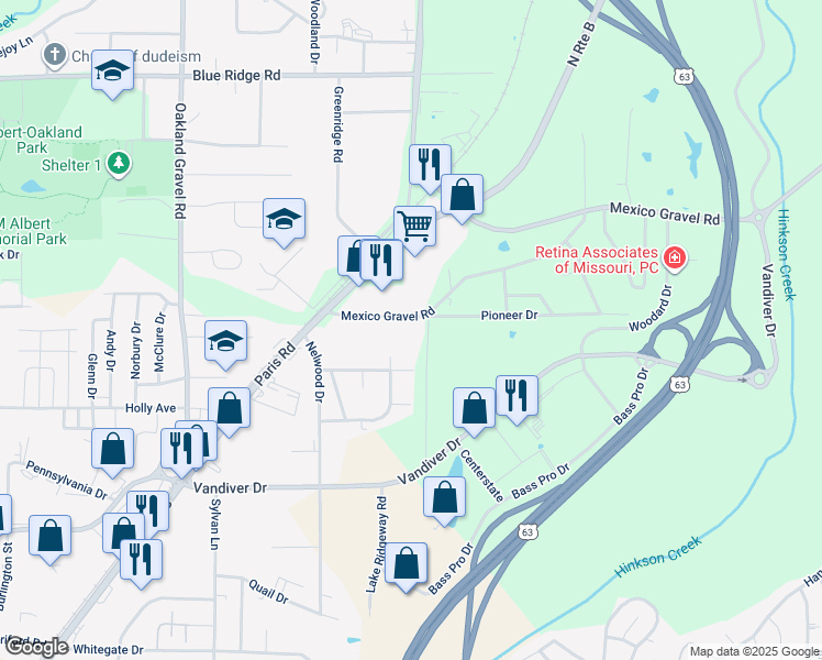 map of restaurants, bars, coffee shops, grocery stores, and more near 2910 Mexico Gravel Road in Columbia