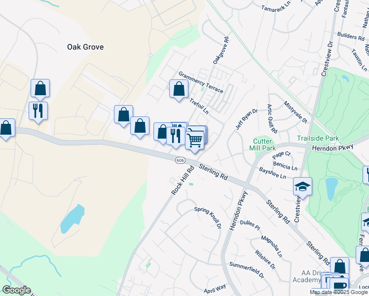 map of restaurants, bars, coffee shops, grocery stores, and more near 23152 Blackthorn Square in Sterling