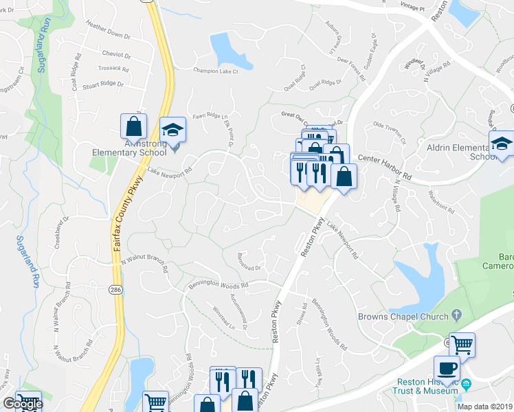 map of restaurants, bars, coffee shops, grocery stores, and more near 11753 Arbor Glen Way in Reston