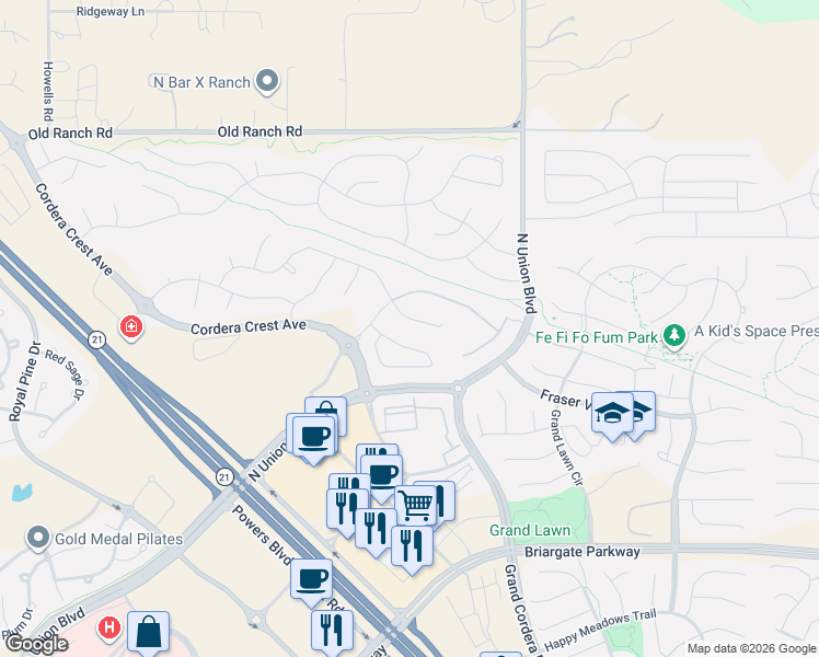 map of restaurants, bars, coffee shops, grocery stores, and more near 4504 Portillo Place in Colorado Springs