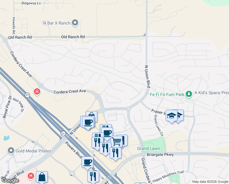map of restaurants, bars, coffee shops, grocery stores, and more near 4504 Portillo Place in Colorado Springs