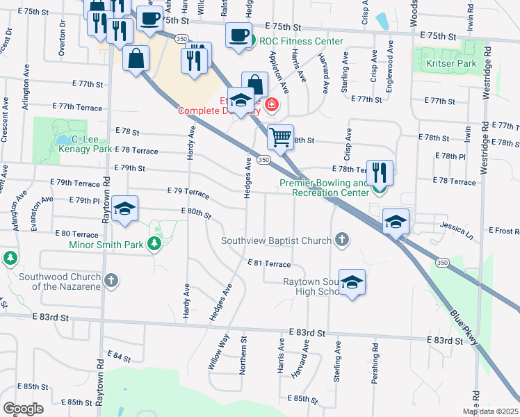 map of restaurants, bars, coffee shops, grocery stores, and more near 7908 Appleton Avenue in Raytown