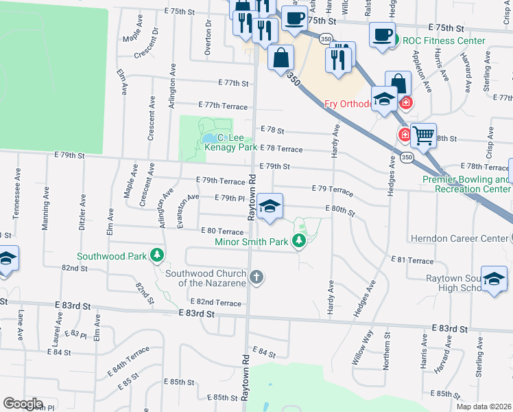 map of restaurants, bars, coffee shops, grocery stores, and more near 8007 Raytown Road in Raytown