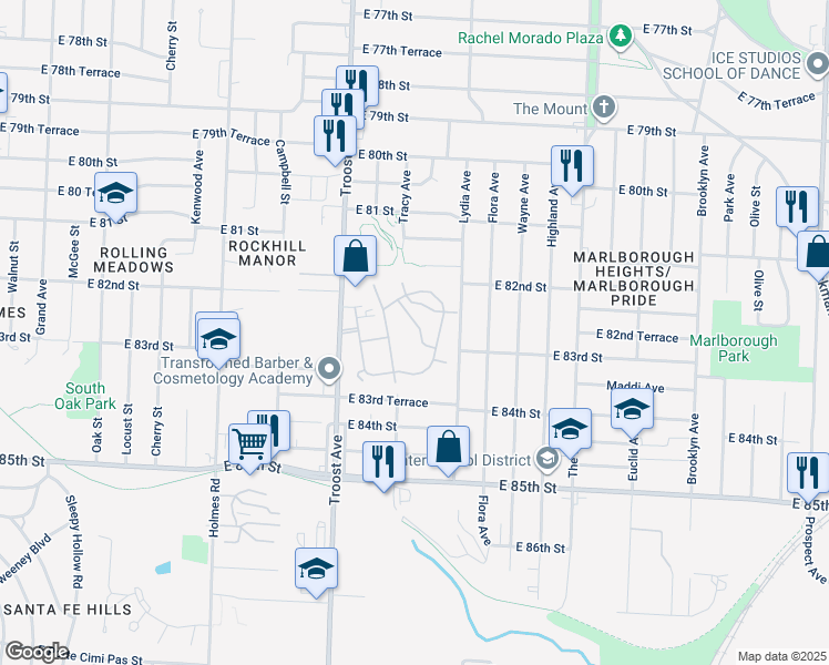 map of restaurants, bars, coffee shops, grocery stores, and more near 1301 East 82nd Terrace in Kansas City