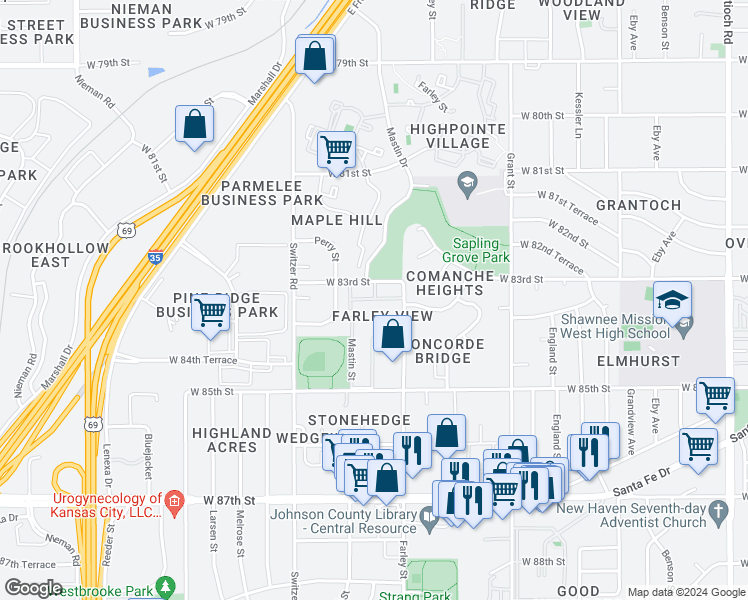 map of restaurants, bars, coffee shops, grocery stores, and more near 9915 West 83rd Terrace in Overland Park