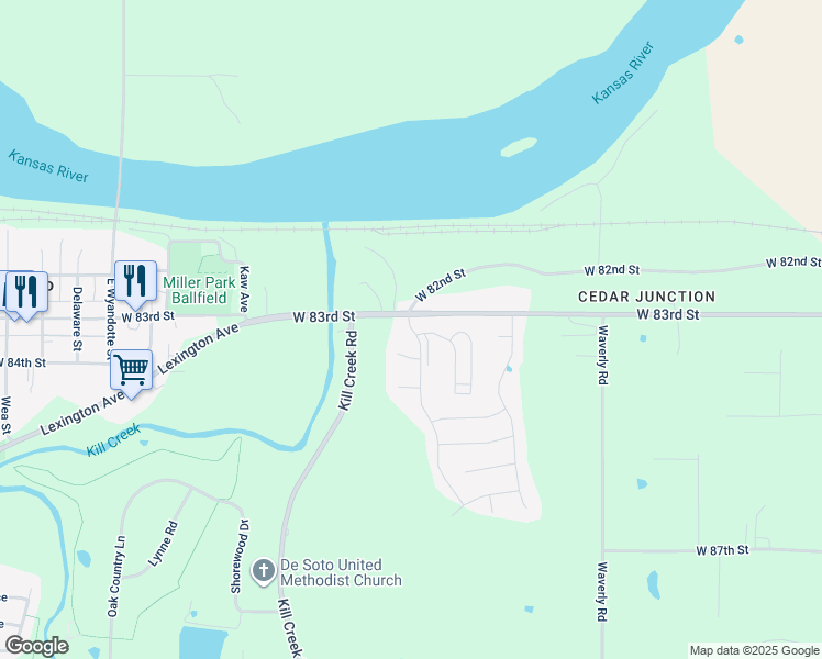 map of restaurants, bars, coffee shops, grocery stores, and more near 31764 West 83rd Circle in De Soto