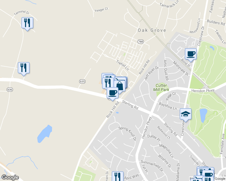 map of restaurants, bars, coffee shops, grocery stores, and more near 23150 Blackthorn Square in Sterling